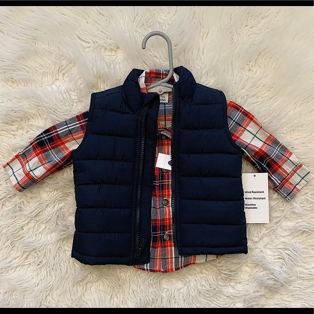 Two Piece Set - Red, white, and blue striped button up with navy blue vest - Picture 1 of 2